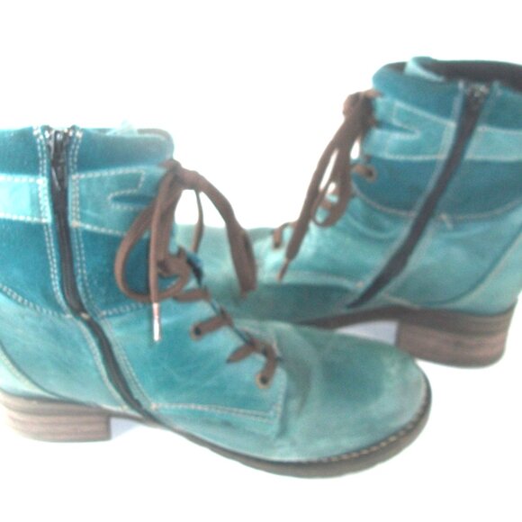 Dromedaris Kara Turquoise Suede & Leather Lace-Up + SIde=Zip Boots - Picture 3 of 8